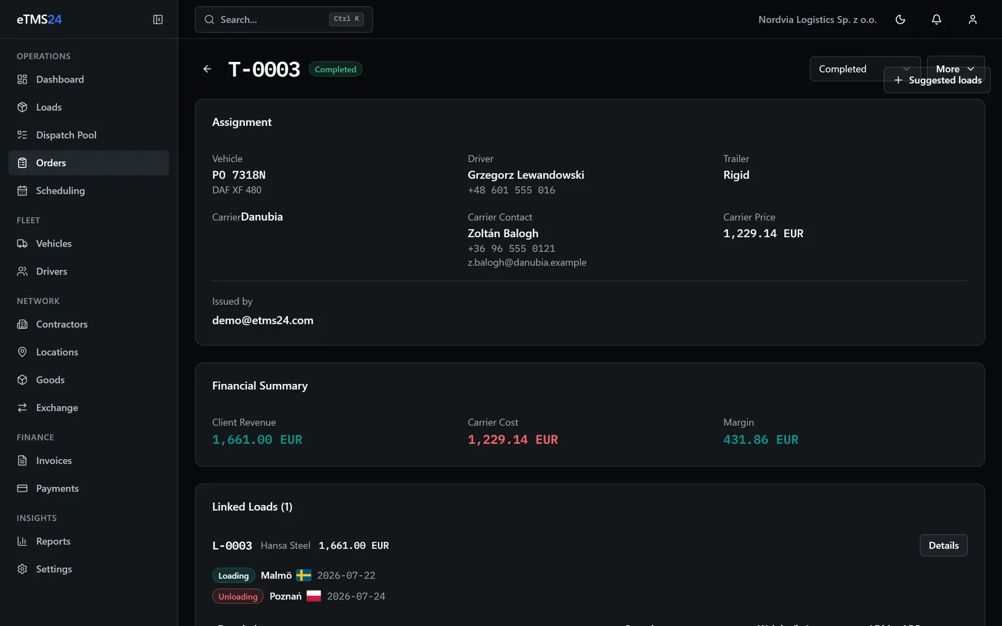 A transport order in eTMS24 beside the generated PDF sent to the carrier, showing loading and unloading points, rate and terms.