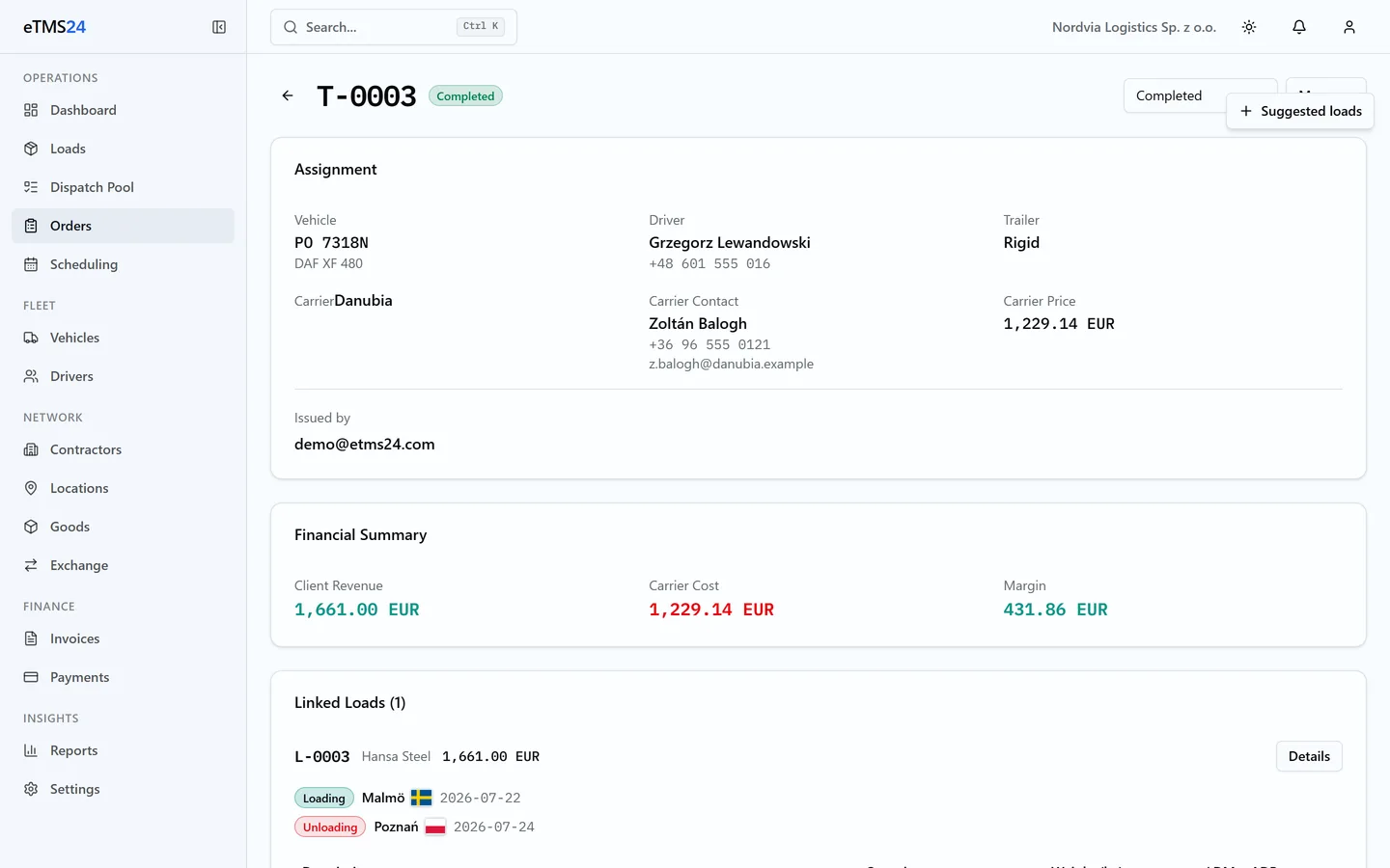 A transport order in eTMS24 beside the generated PDF sent to the carrier, showing loading and unloading points, rate and terms.