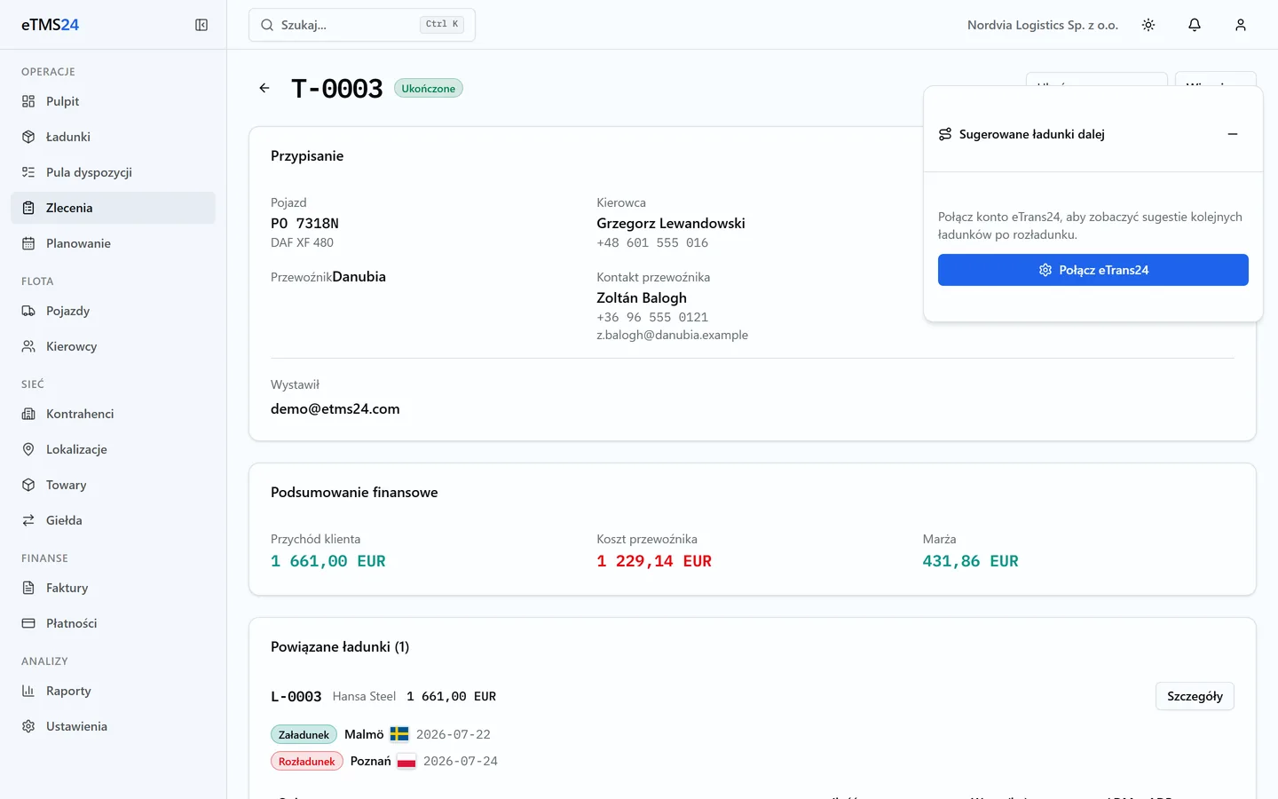 Zlecenie transportowe w eTMS24 obok wygenerowanego PDF-u dla przewoźnika, z miejscami załadunku i rozładunku, stawką i warunkami.