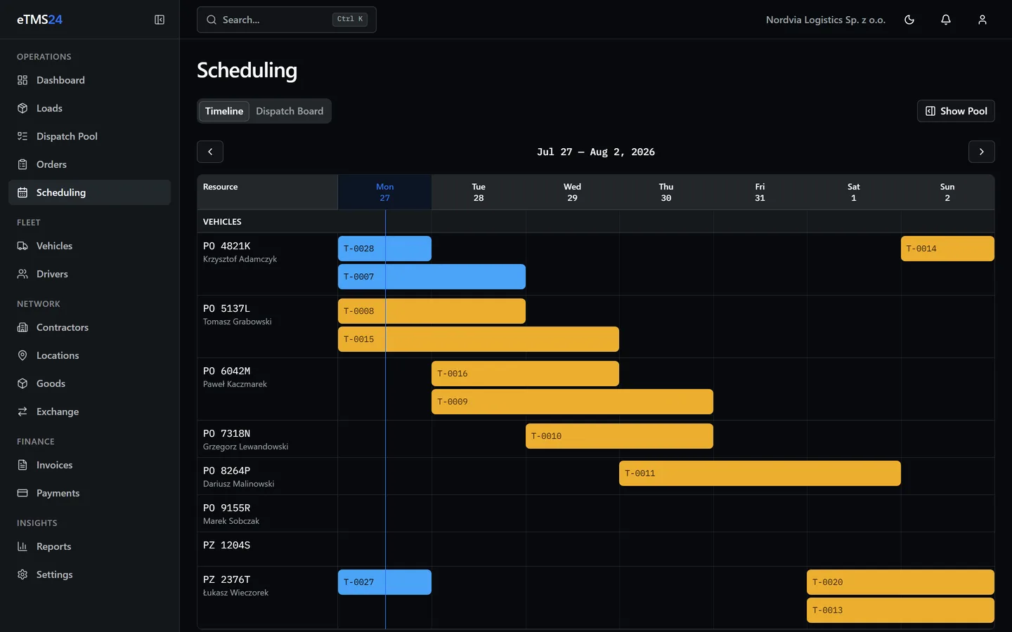 The eTMS24 scheduling board: a week of loads laid out across vehicle rows, with today marked.