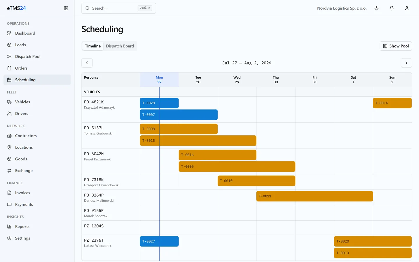 The eTMS24 scheduling board: a week of loads laid out across vehicle rows, with today marked.